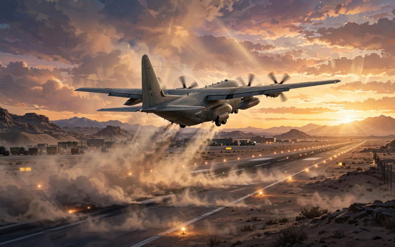 US military transport aircraft departing an Iraqi airbase, symbolizing the US troops withdrawal from Iraq