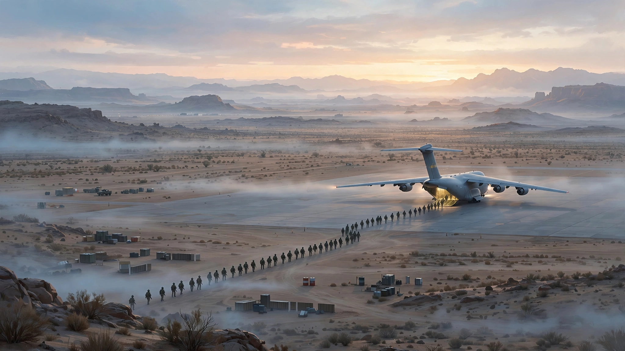 Illustrative image of soldiers boarding a transport plane during the US troops withdrawal from Iraq