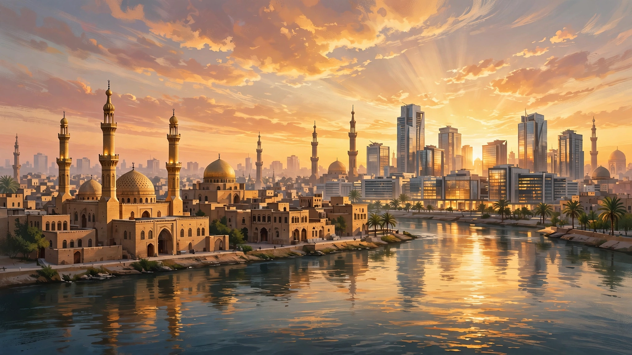 Illustrative image of the Baghdad skyline at sunset after the completed US troops withdrawal from Iraq