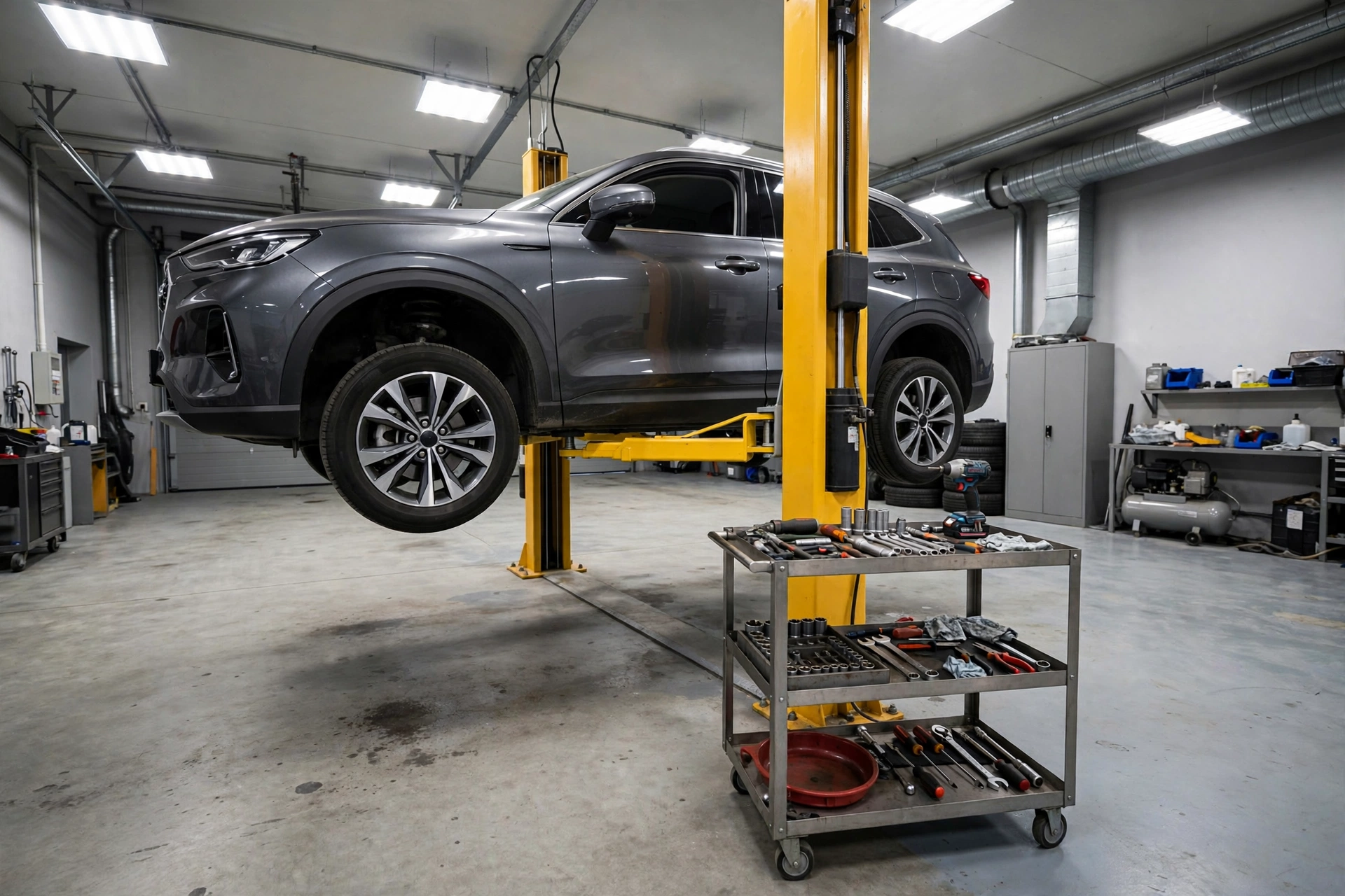 Car service bay with lifted vehicles during the Volkswagen recall steering defect repairs