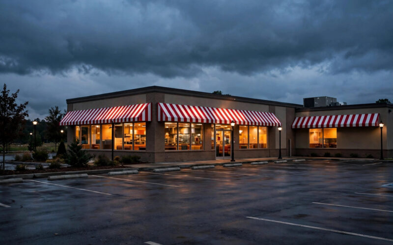 Fast-food restaurant exterior at dusk illustrating the meritage hospitality bankruptcy filing