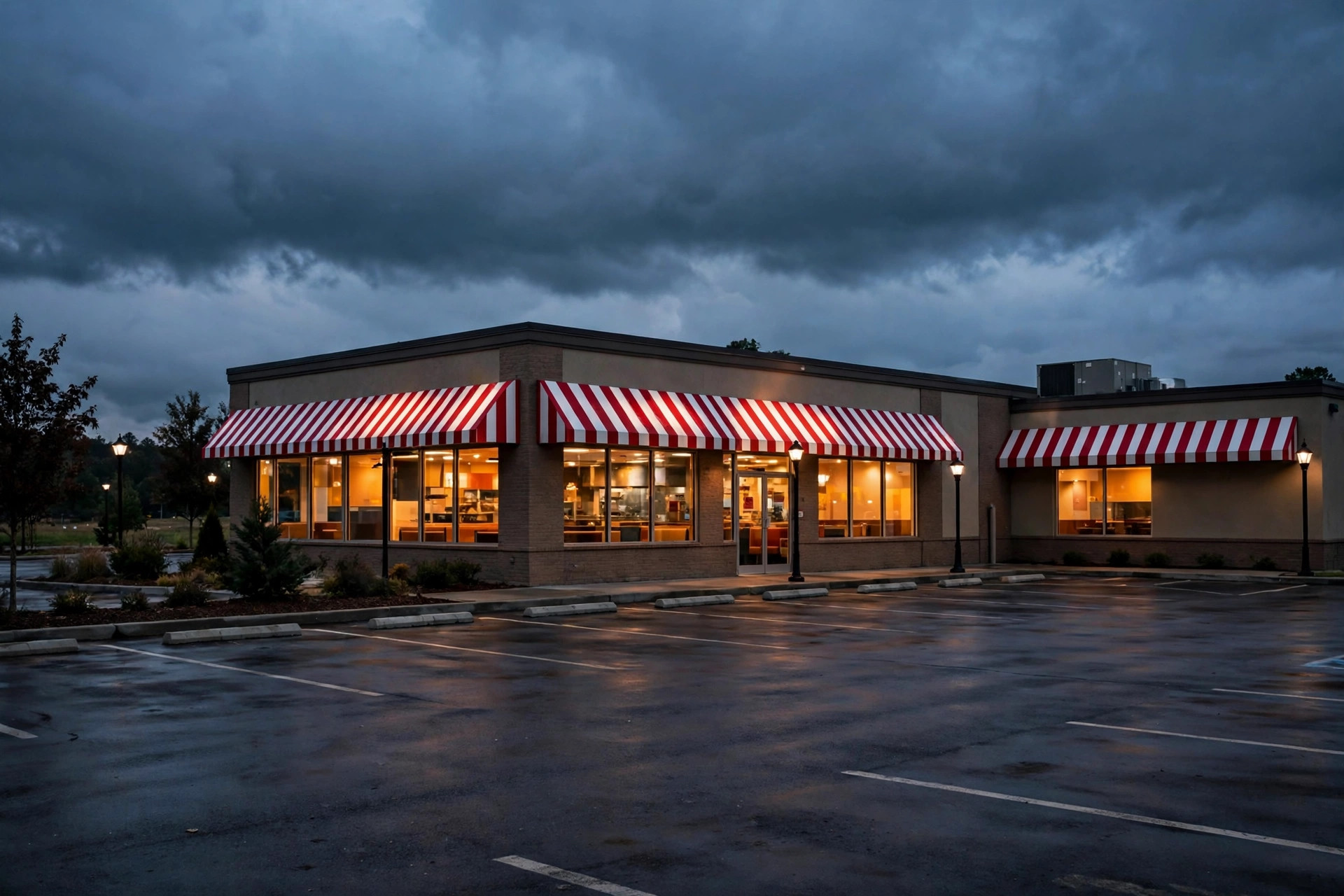 Fast-food restaurant exterior at dusk illustrating the meritage hospitality bankruptcy filing
