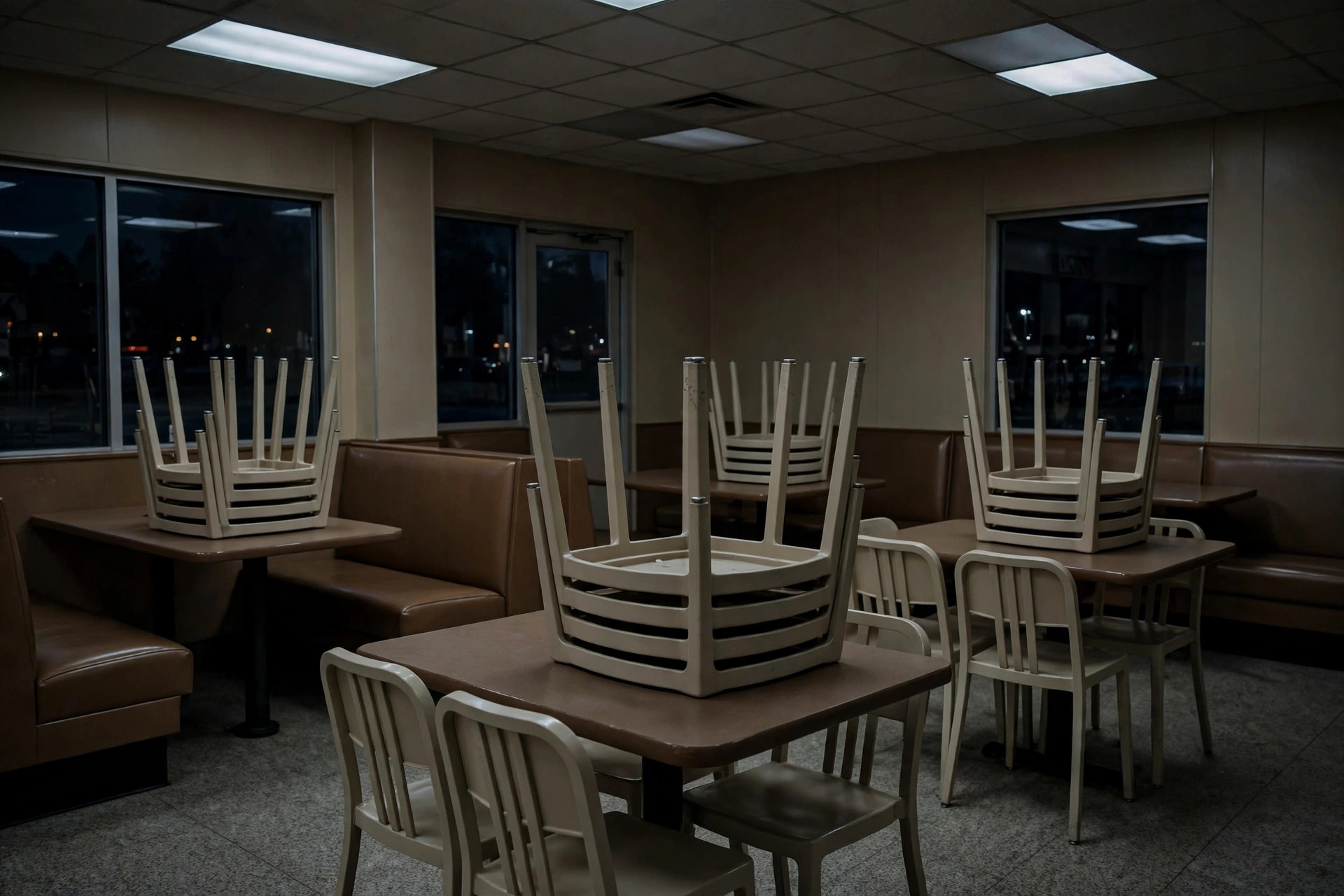 Empty restaurant dining area after store closures