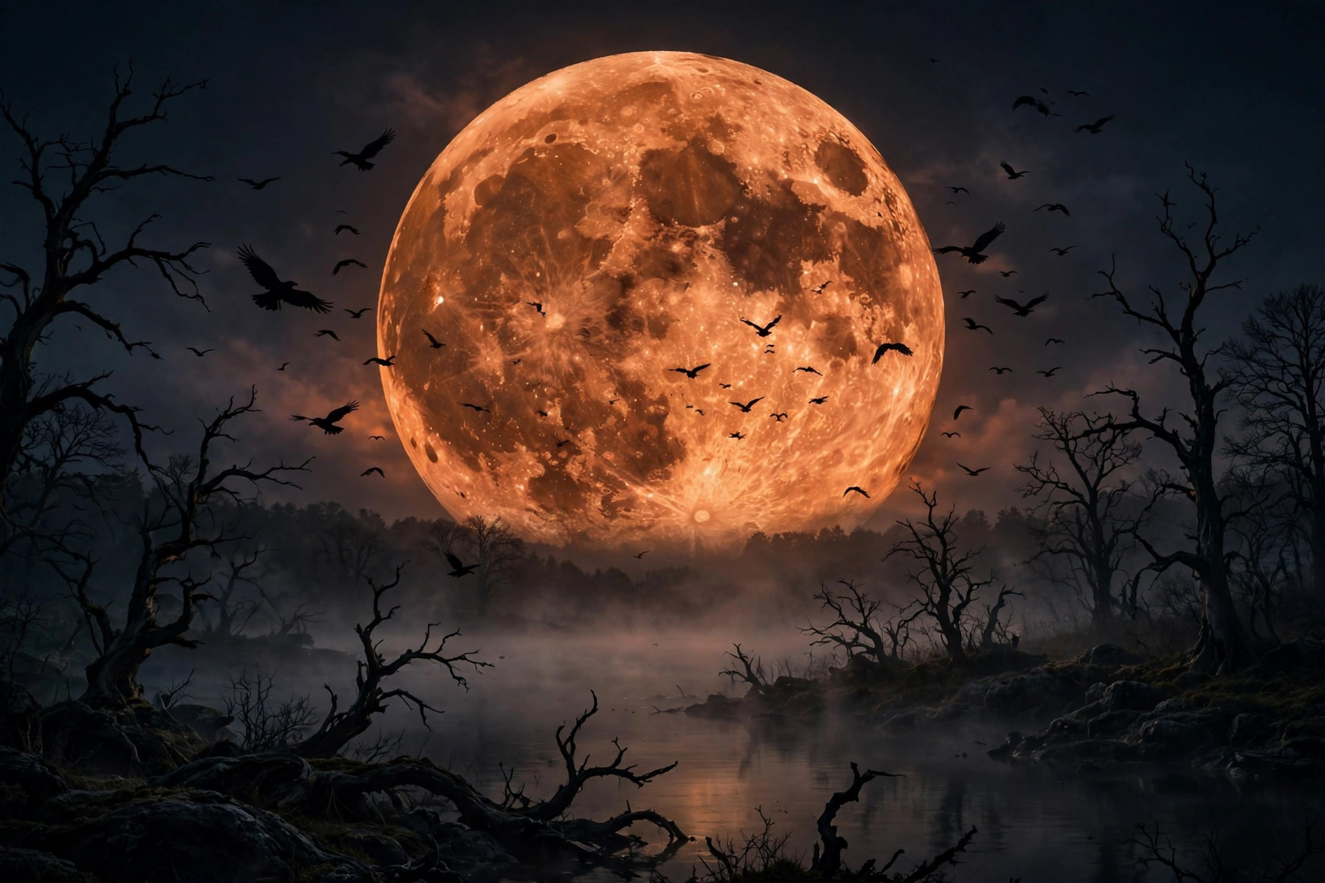 Blood-orange full moon over a misty lake evoking the Werwulf alternate reality game's lunar theme