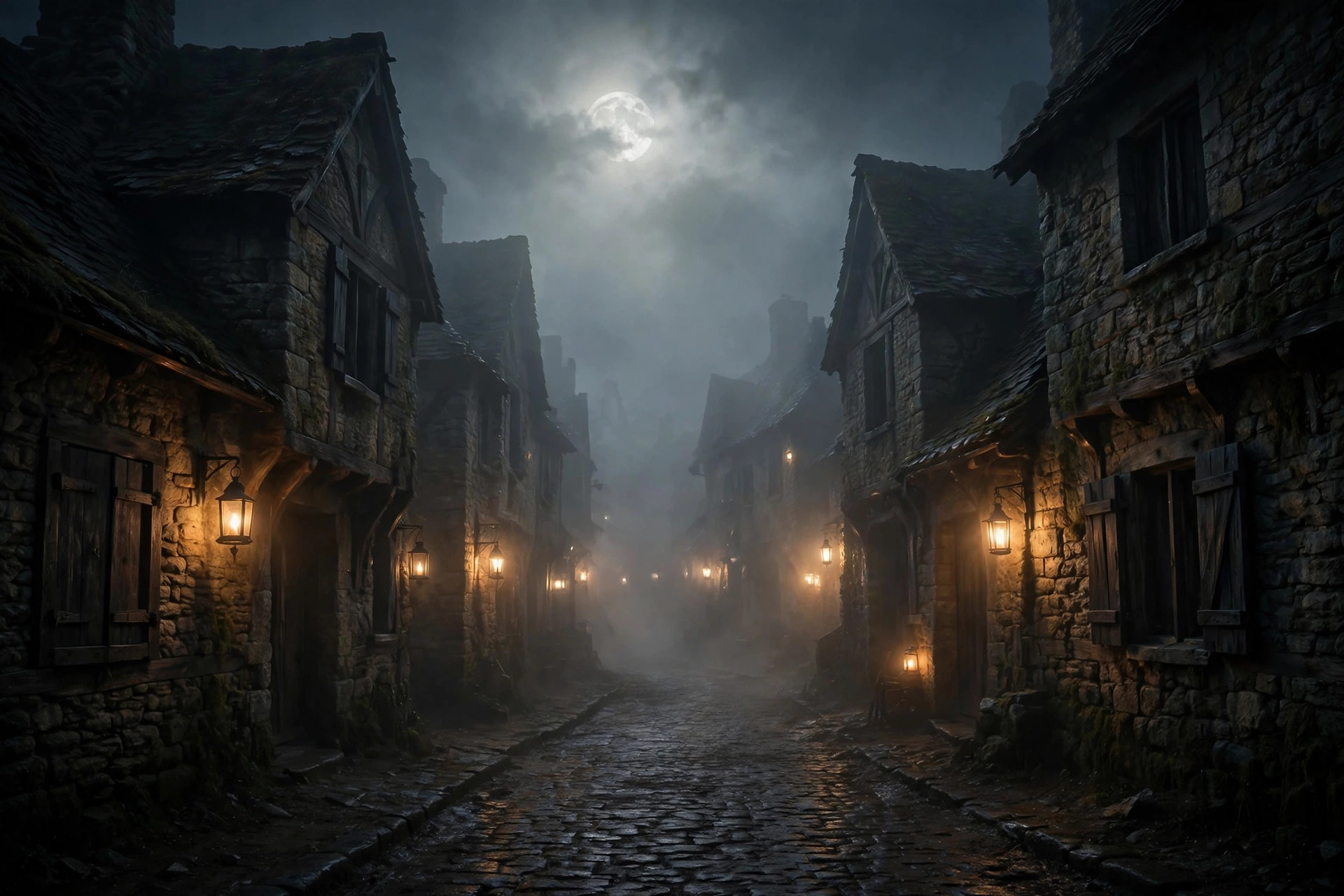 Foggy medieval village street capturing the film's gothic period atmosphere