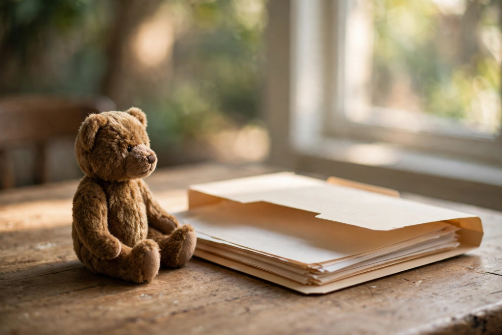 A child's teddy bear beside court papers in the Wladimir Klitschko guardianship of Kaya estate case