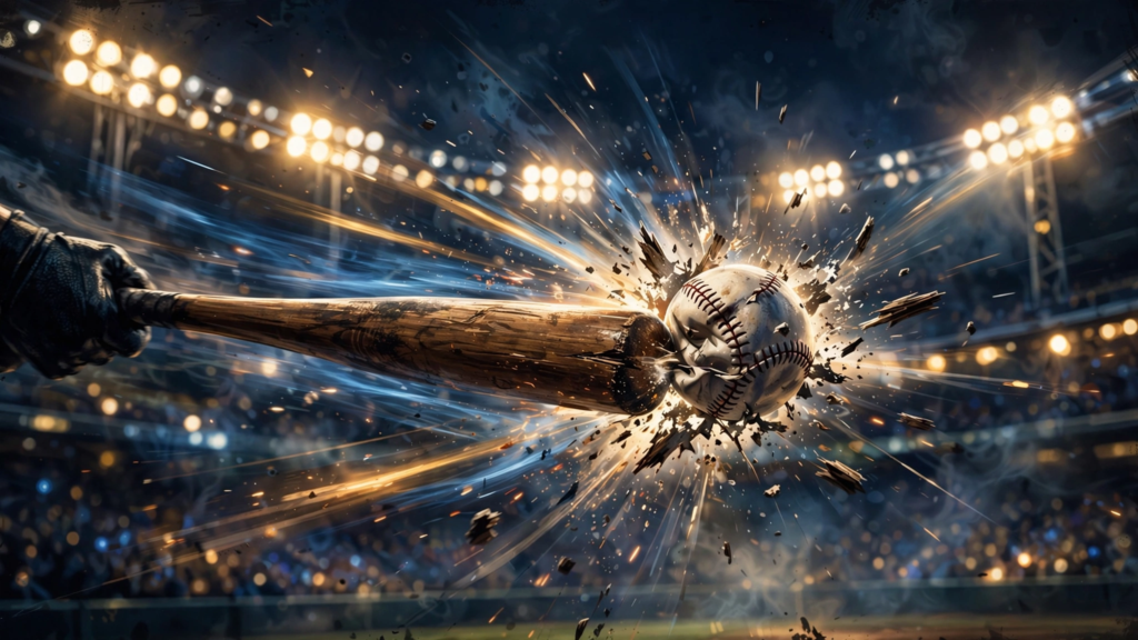Baseball bat shattering a ball under stadium lights in a White Sox Astros wild card playoff scene