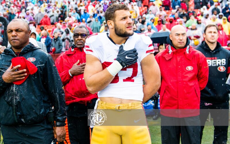Nick Bosa on the field for the 49ers, at the center of the 49ers injury report Nick Bosa Broncos story