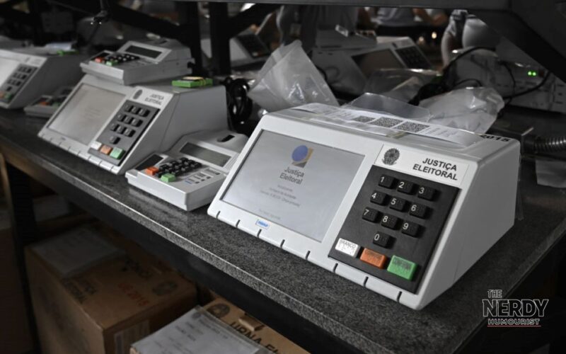 Row of Brazil's electronic voting machines (urnas eletrônicas) on a preparation table — file photo ahead of Brazil election voting day 2026