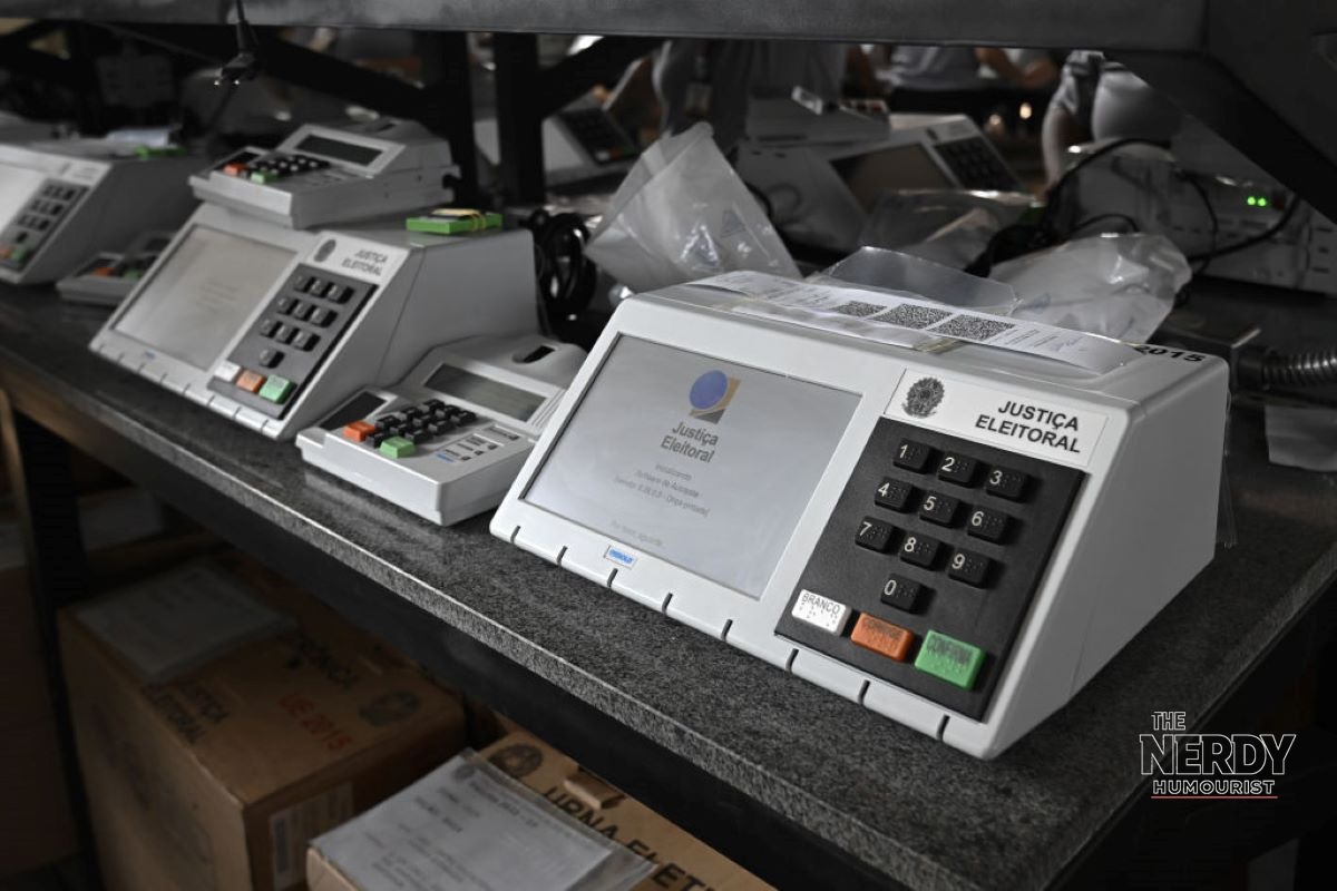 Row of Brazil's electronic voting machines (urnas eletrônicas) on a preparation table — file photo ahead of Brazil election voting day 2026