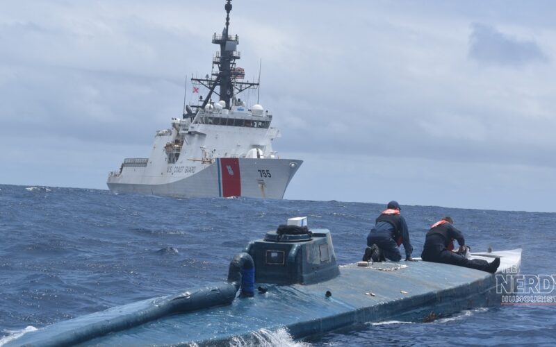 U.S. Coast Guard personnel aboard an intercepted low-profile narco-submarine during an Eastern Pacific counter-narcotics operation, with a US strike on narco-terrorists campaign cutter offshore.