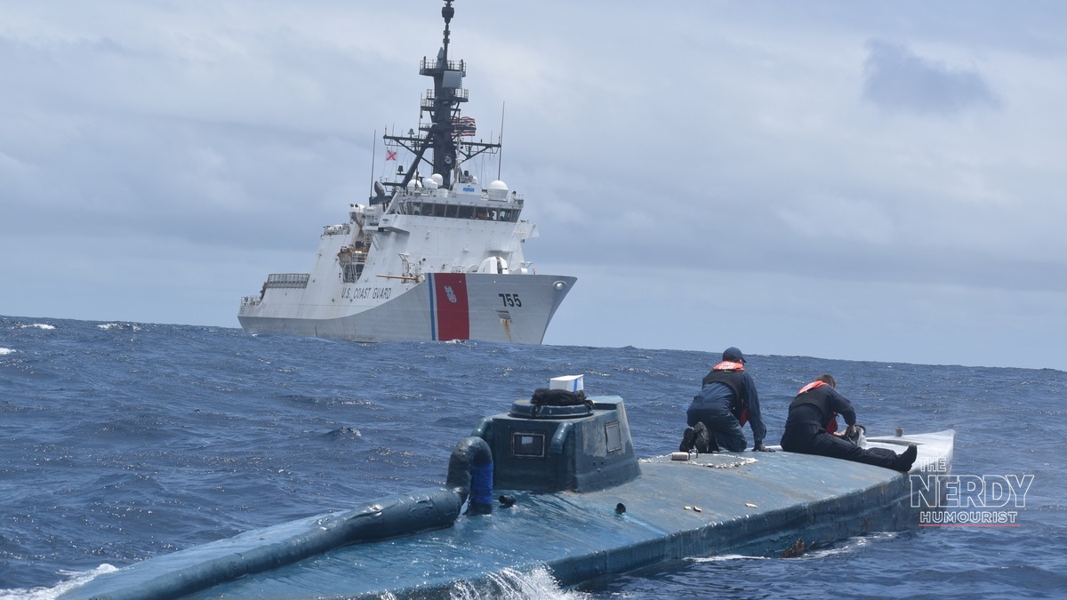 U.S. Coast Guard personnel aboard an intercepted low-profile narco-submarine during an Eastern Pacific counter-narcotics operation, with a US strike on narco-terrorists campaign cutter offshore.
