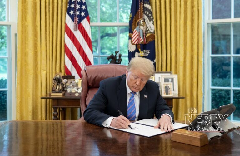 President Donald Trump signing an executive order at the Resolute Desk, illustrating the Trump Russia sanctions waiver.