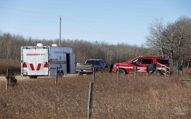 Emergency response vehicles near CFB Wainwright after the deadly Wainwright fire swept through the training area