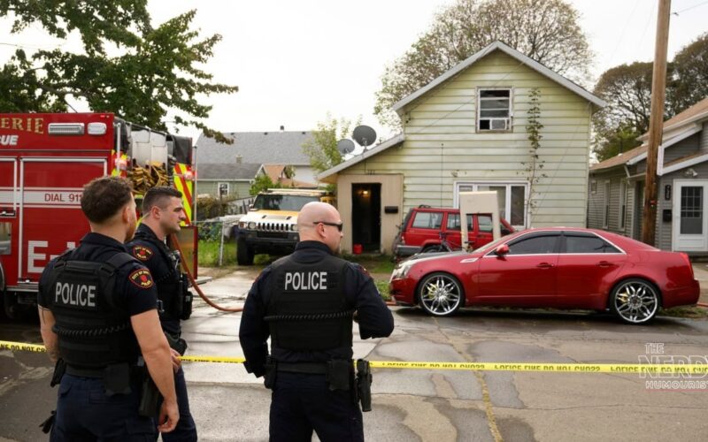 Erie police officers and firefighters outside the home on Perry Street in Erie, Pennsylvania, during the Erie mass shooting investigation