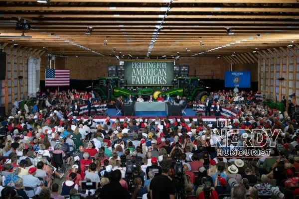 President Donald Trump at a Fighting for American Farmers event with the harvest fuel relief program backdrop.