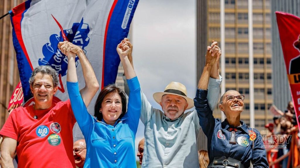 Lula (straw hat) with Fernando Haddad, Simone Tebet and Marina Silva waving from the campaign truck at the Oct-3 closing rally ahead of Brazil election voting day 2026