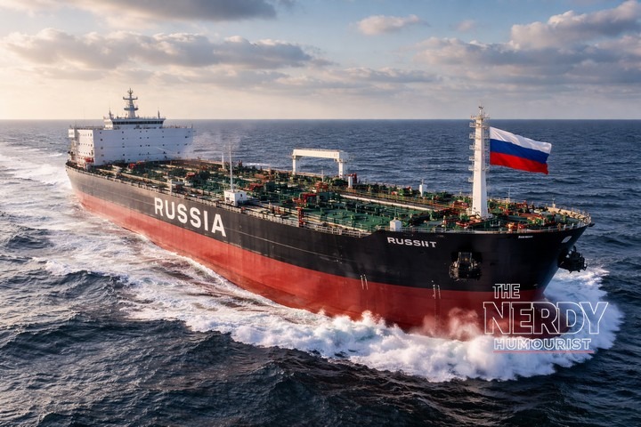 Oil tanker at sea, related to the Trump Russia sanctions waiver covering Russian crude oil tariffs.