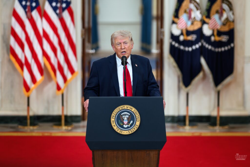 Donald Trump delivers an address to the nation from the White House as he weighs strikes on Iran in the US Iran war aircraft carrier deployment buildup
