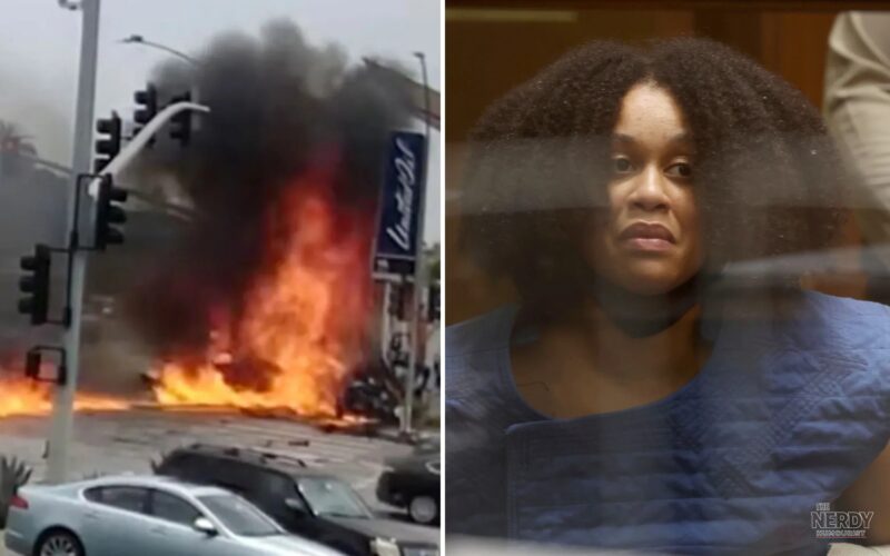 Nicole Linton guilty verdict Windsor Hills crash — split image of the fiery La Brea and Slauson crash and Linton in court