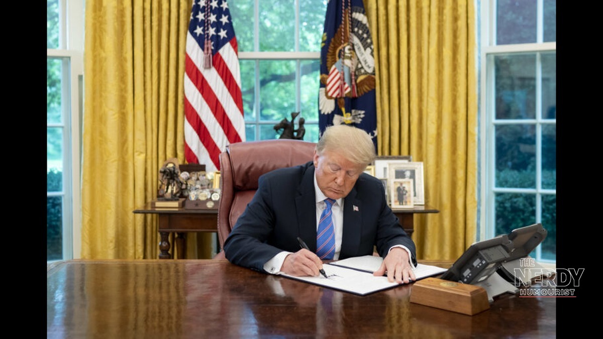 President Donald Trump signs an executive order at the Resolute Desk in the Oval Office, ahead of coverage of the trump marijuana rescheduling executive order