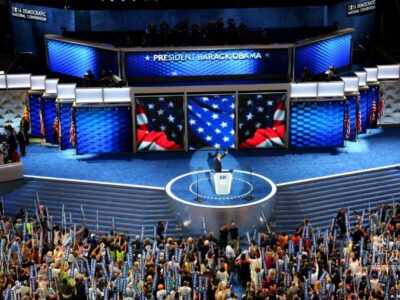 Former President Barack Obama addressing the 2016 Democratic National Convention after calling the Ilhan Omar investigation appalling