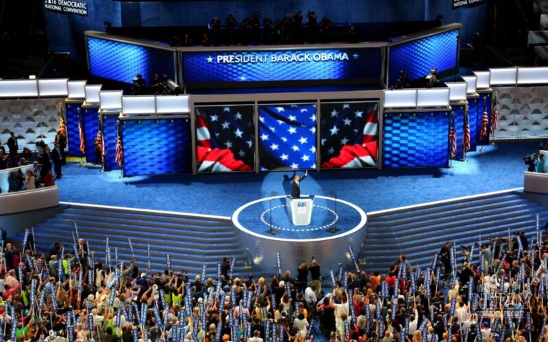 Former President Barack Obama addressing the 2016 Democratic National Convention after calling the Ilhan Omar investigation appalling