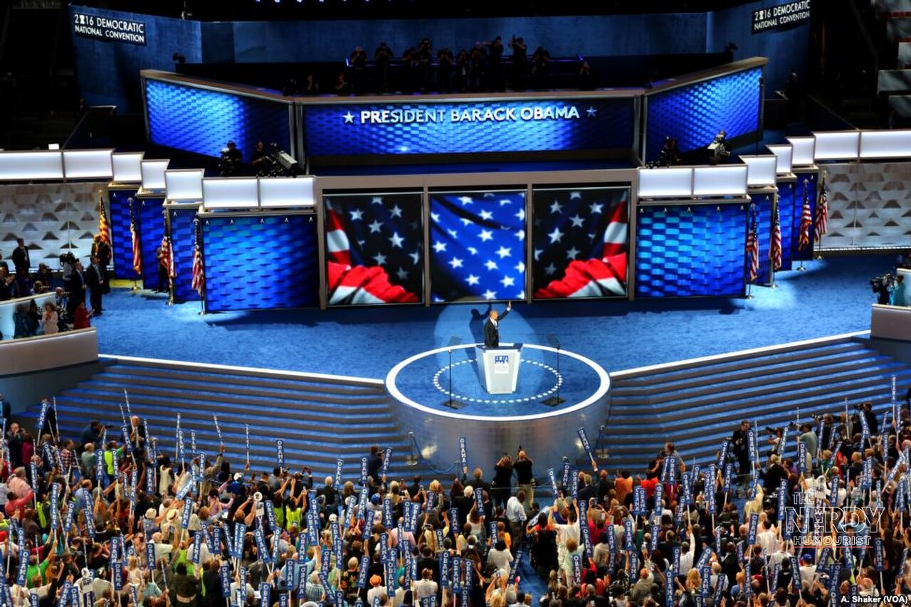 Former President Barack Obama addressing the 2016 Democratic National Convention after calling the Ilhan Omar investigation appalling