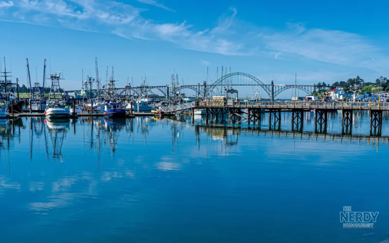 Newport Oregon bayfront with fishing boats and Yaquina Bay Bridge — Newport Oregon seafood plant fire