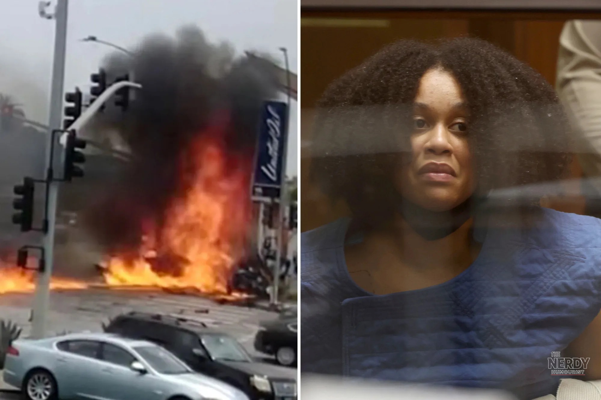 Nicole Linton guilty verdict Windsor Hills crash — split image of the fiery La Brea and Slauson crash and Linton in court