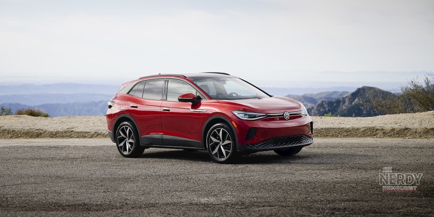 Red Volkswagen ID.4 front view on a mountain road, amid the Volkswagen ID.4 recall over battery fire risk