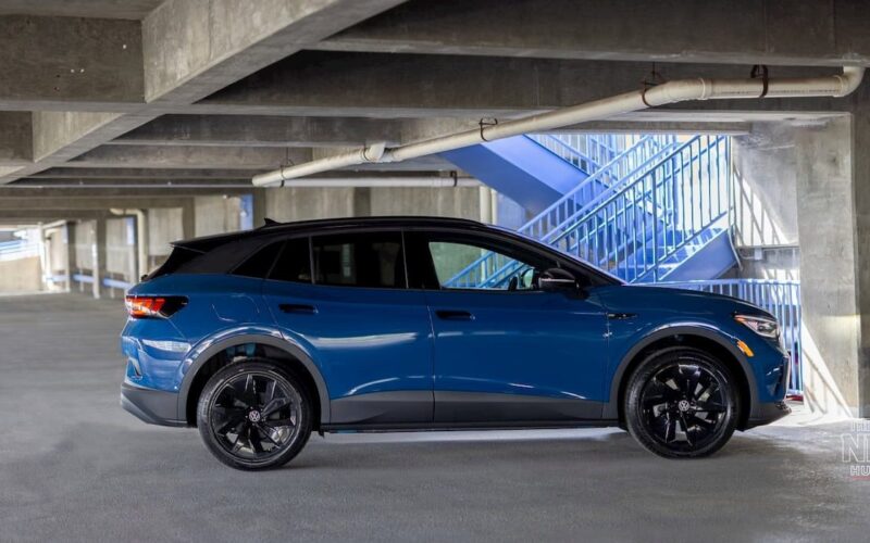 Blue Volkswagen ID.4 side profile — the Volkswagen ID.4 recall covers 22,524 EVs from model years 2023–2026