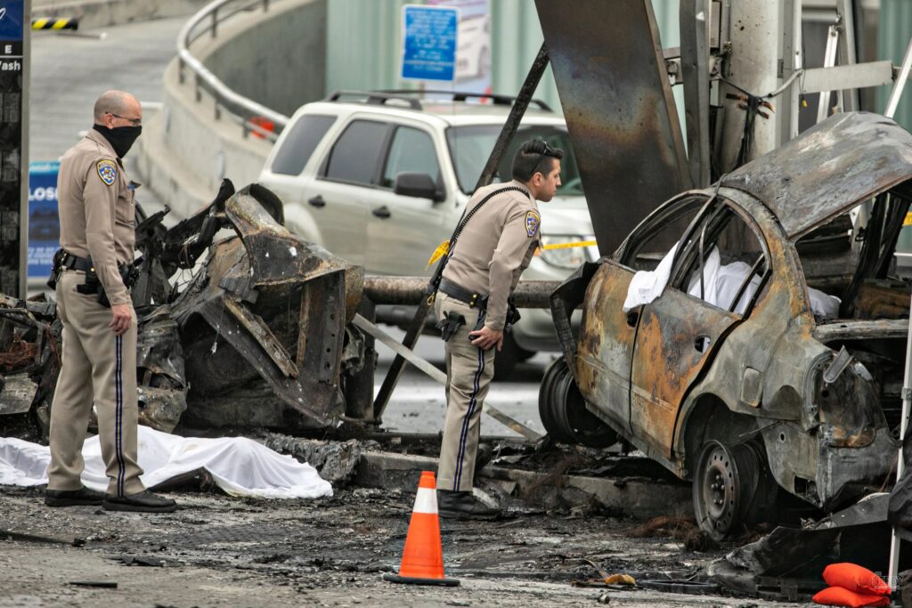 Nicole Linton guilty verdict Windsor Hills crash — CHP officials investigate the fiery crash scene at La Brea and Slauson