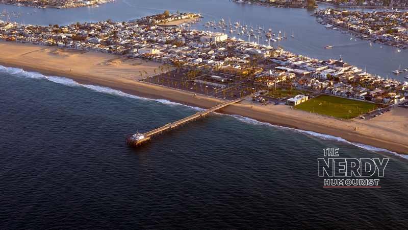 Aerial view of Balboa Pier in Newport Beach, where Tropical Storm Rachel forced all beaches and piers to close