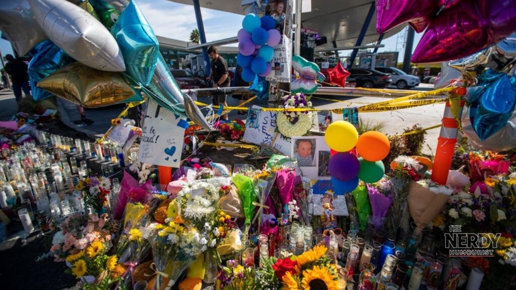 Nicole Linton guilty verdict Windsor Hills crash — memorial of candles, flowers and photos at La Brea and Slauson for the six victims