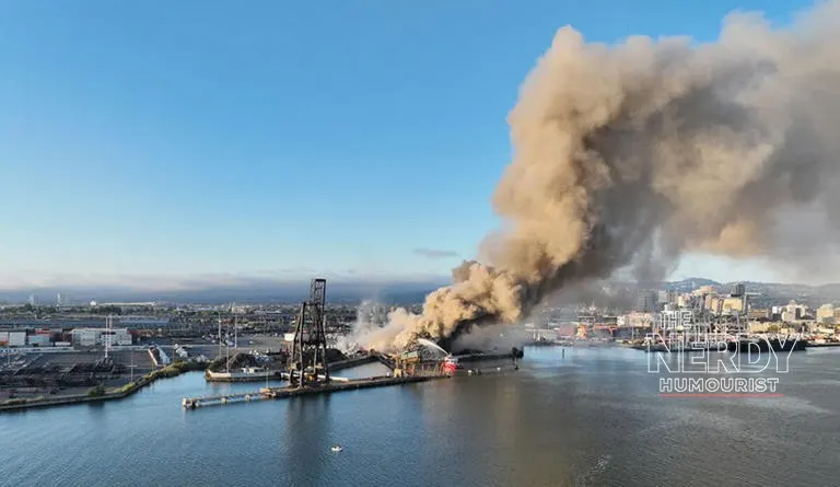 Smoke rises from a waterfront industrial fire — Newport Oregon seafood plant fire