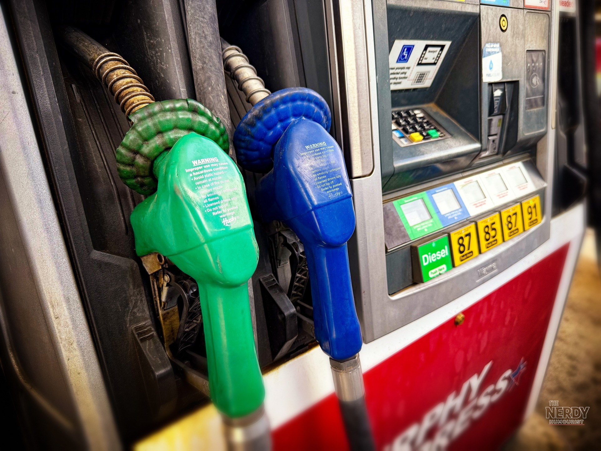 Close-up of a US diesel fuel pump with the green Diesel selector label, amid the G7 diesel reserves release of 100 million barrels