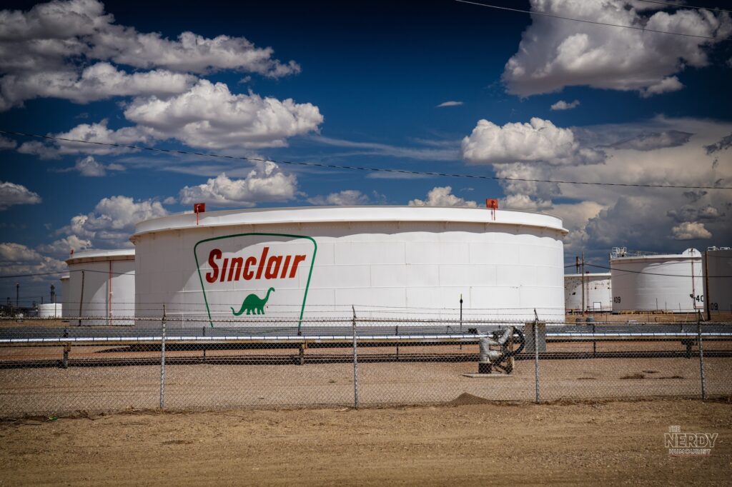 Crude-oil storage tanks at the HF Sinclair refinery in Wyoming as the G7 diesel reserves release of 100 million barrels gets underway