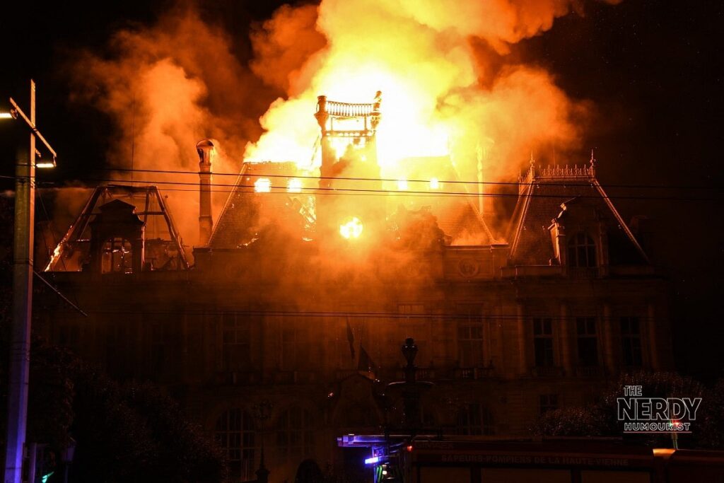 Fire destroys the historic Limoges city hall during the France protests, October 2026