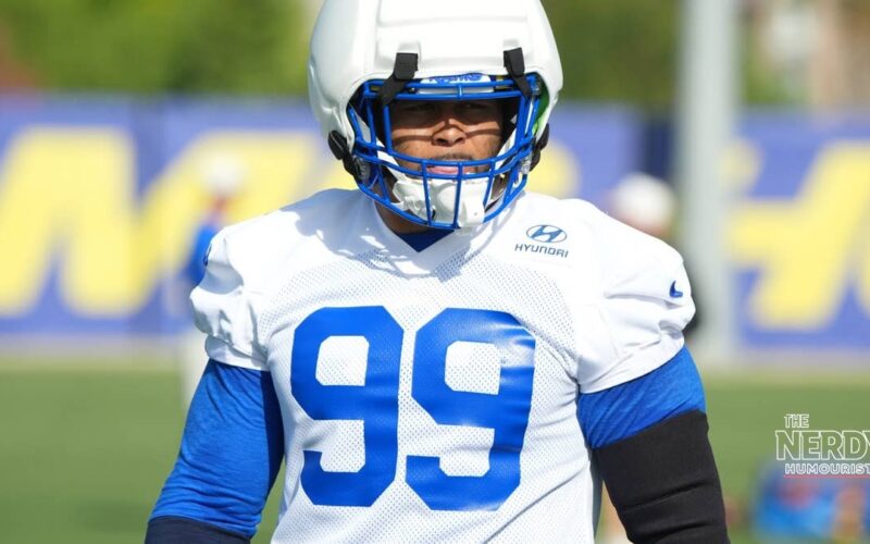 Aaron Donald in Rams practice gear ahead of the Rams Bills Monday night game