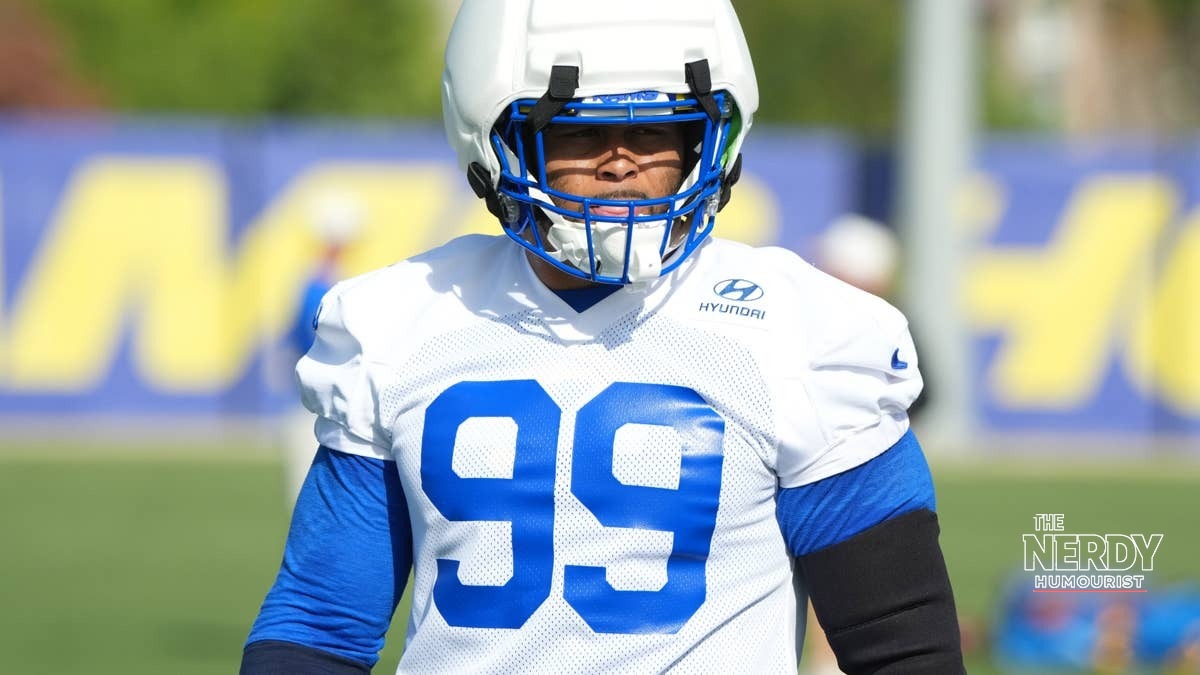 Aaron Donald in Rams practice gear ahead of the Rams Bills Monday night game