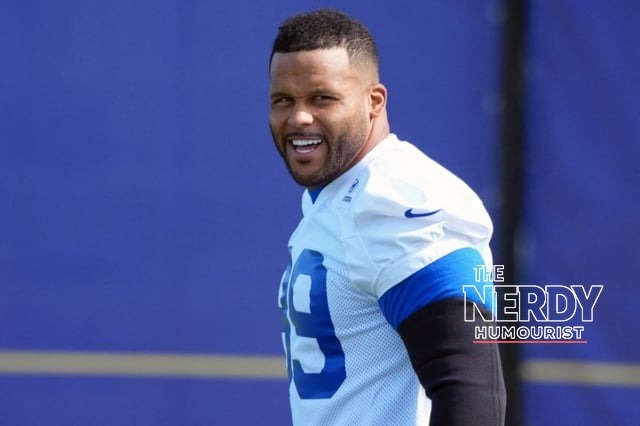 Aaron Donald in Rams gear at practice ahead of the Rams Bills Monday night game