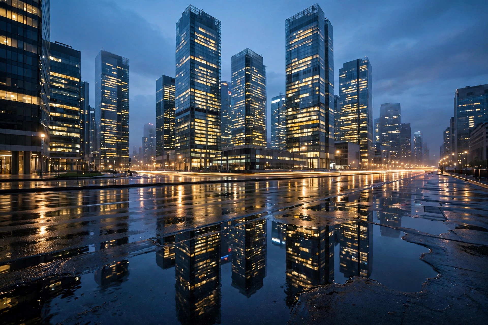 Financial district office towers at night reflecting Accenture earnings stock surge