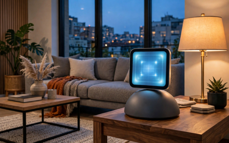 Concept render of the Apple HomePad smart home hub with glowing screen on a hemispherical base in a living room