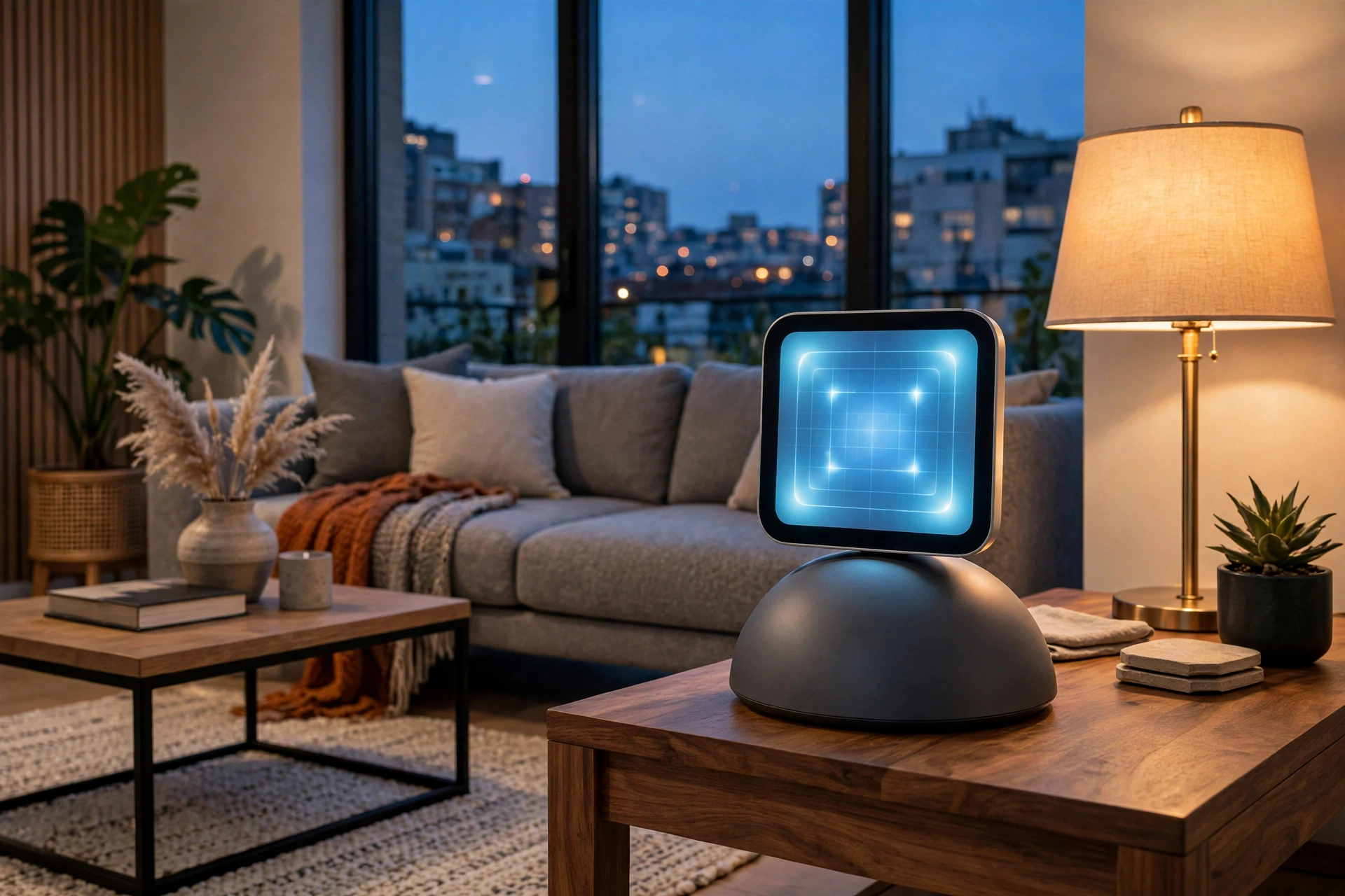 Concept render of the Apple HomePad smart home hub with glowing screen on a hemispherical base in a living room