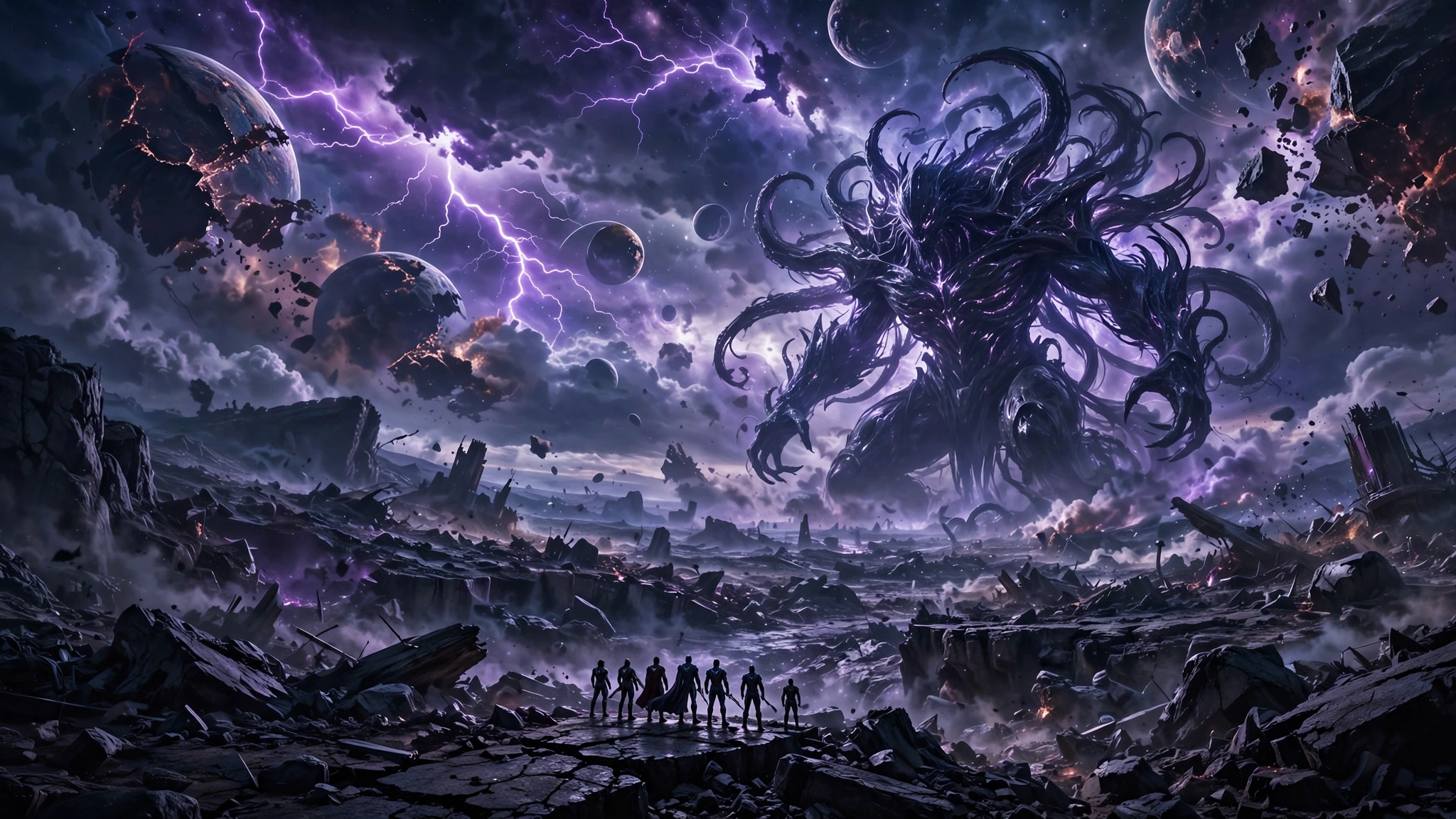 Epic cosmic battle scene with dramatic lightning evoking the Avengers Doomsday cast multiverse war