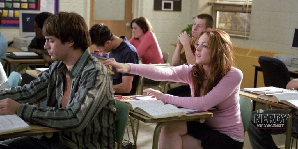 Still from the Mean Girls (2004) classroom scene that Lindsay Lohan recreated for Lindsay Lohan Mean Girls Day