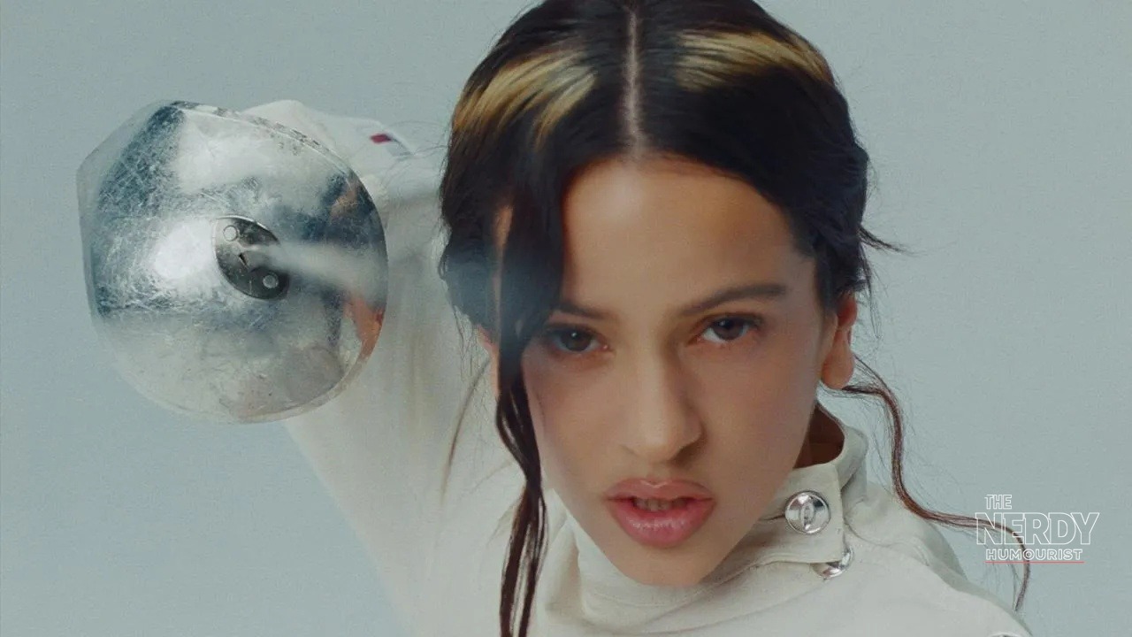 Rosalía in white fencing gear, collaborator on the Fontaines D.C. Dopamine Chamber track Where Is Gone