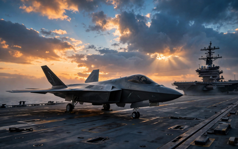 Futuristic sixth-generation Boeing F/A-XX fighter jet concept on aircraft carrier deck at dawn illustrating the Boeing F/A-XX contract win