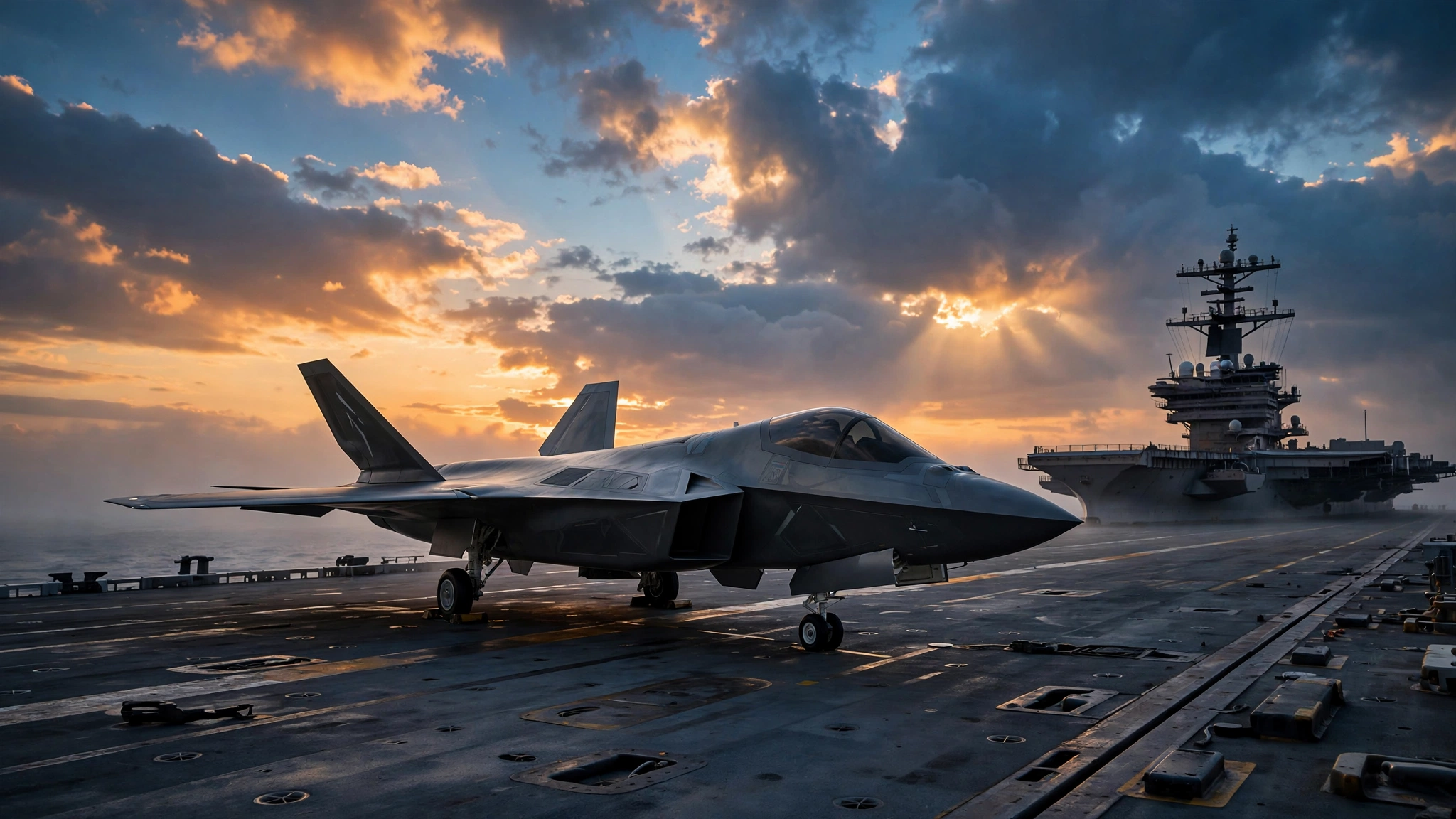 Futuristic sixth-generation Boeing F/A-XX fighter jet concept on aircraft carrier deck at dawn illustrating the Boeing F/A-XX contract win